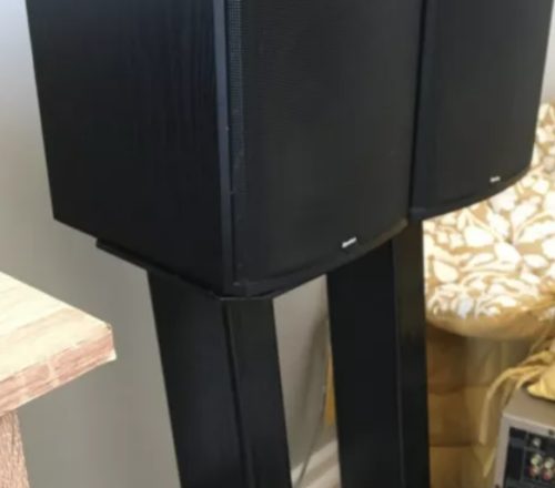 Boston Acoustics front speakers on metal stands